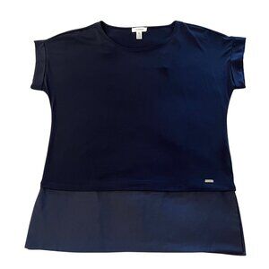 Calvin Klein Womens Navy Blue Short Cuffed Sleeve Layered Hem Career Top - M